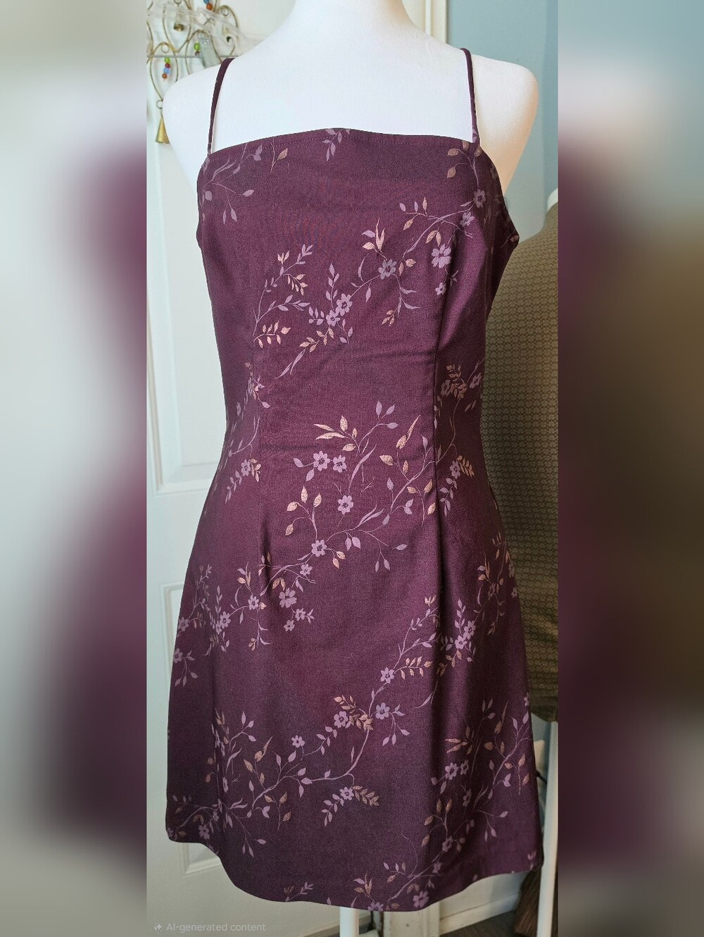 90s Vintage XOXO Floral Midi Dress Juniors 7 Plum Gold Floral w/ Square Neck - Picture 2 of 11